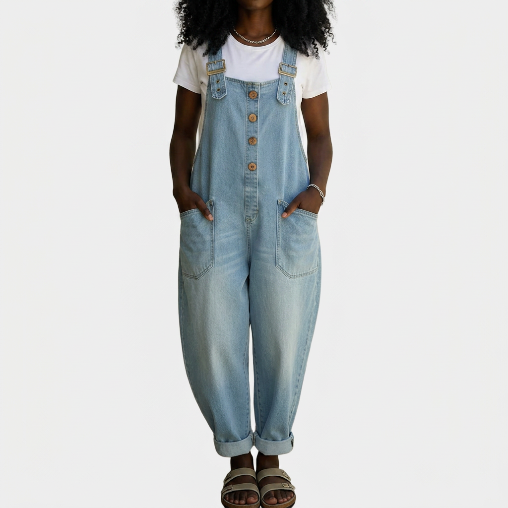 Mae | Vintage Soft Cotton Denim-Look Overalls with Adjustable straps