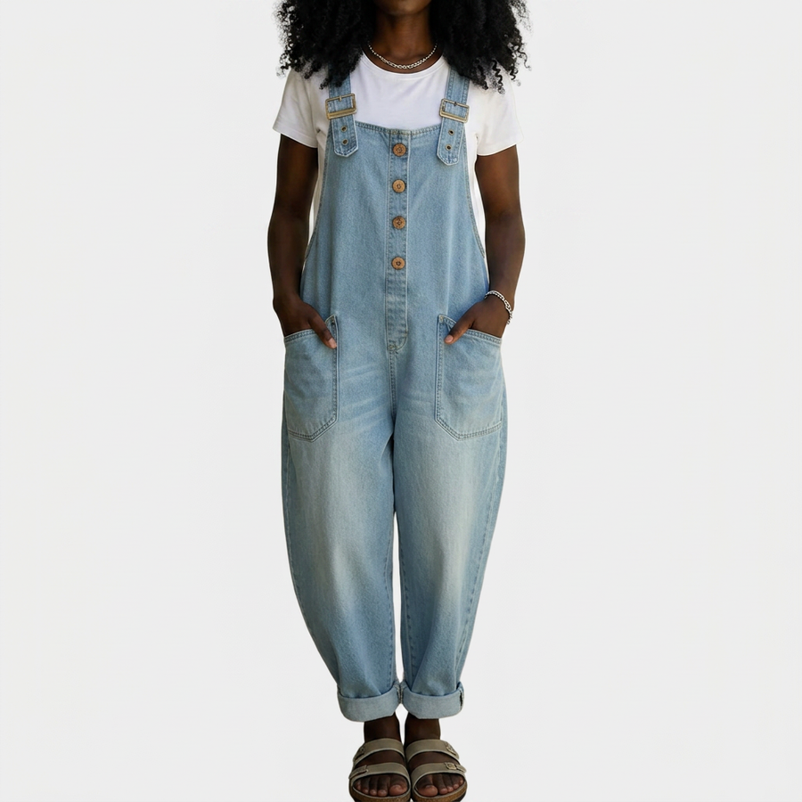 Mae | Vintage Soft Cotton Denim-Look Overalls with Adjustable straps