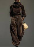 Vintaje brown velvet hoodie and loose pants set (Includes belt)