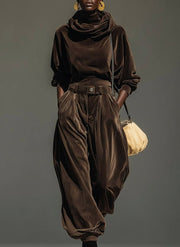 Vintaje brown velvet hoodie and loose pants set (Includes belt)