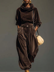 Vintaje brown velvet hoodie and loose pants set (Includes belt)