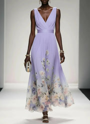 Rose | Light Blue Floral Chiffon V-Neck Maxi Dress