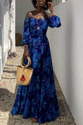 Francesca - Long dress with floral pattern and off-the-shoulder sleeves