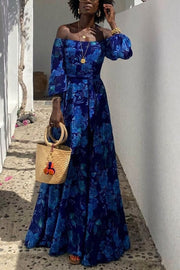 Francesca - Long dress with floral pattern and off-the-shoulder sleeves