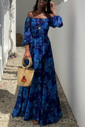 Franceska - Long dress with floral pattern and off-the-shoulder sleeves