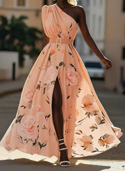 Julie | Light Green Floral Chiffon One-Shoulder Maxi Dress
