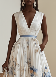 Chloe | White Floral Chiffon V-Neck Pleated Midi Dress