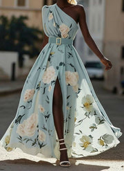 Julie | Light Green Floral Chiffon One-Shoulder Maxi Dress