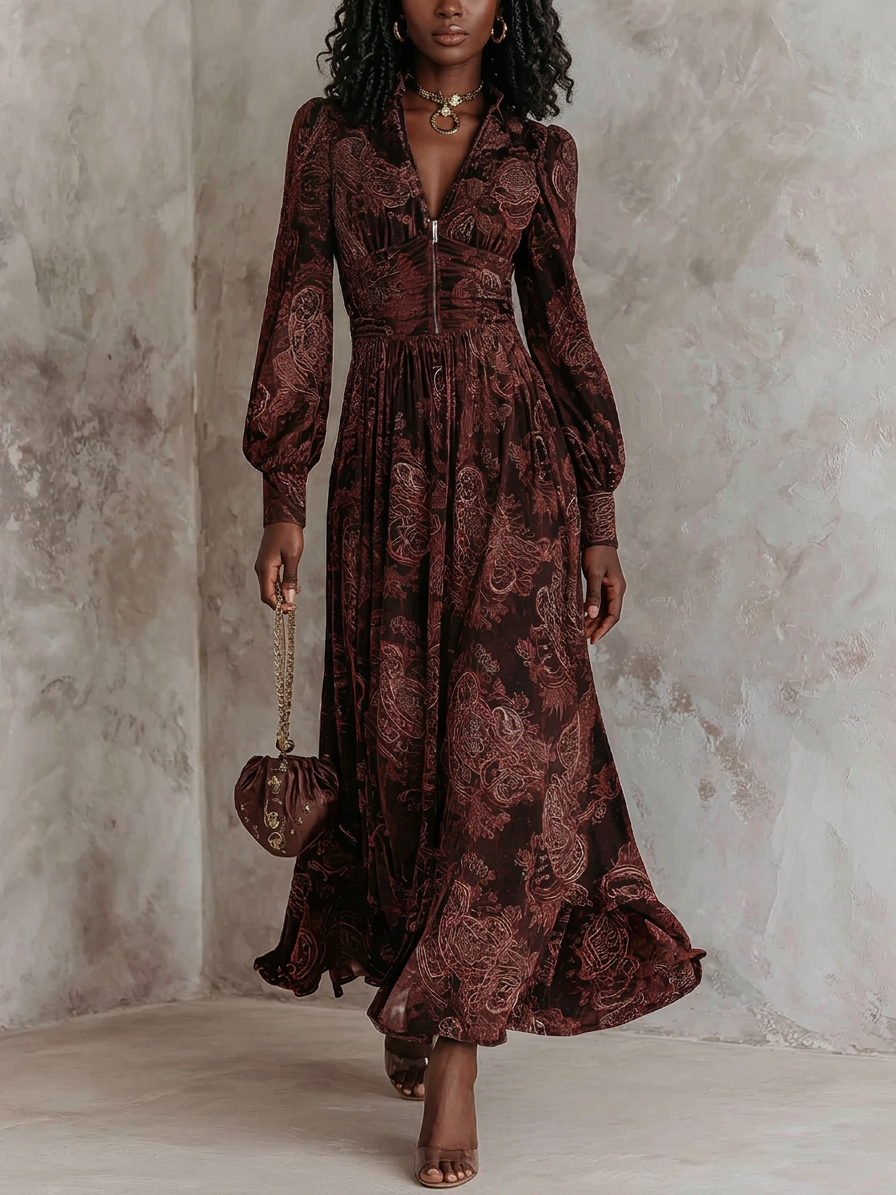 Marlena | Midi Dress with Paisley Print and Zipper in the Neckline