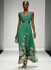 Rose | Light Blue Floral Chiffon V-Neck Maxi Dress