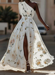 Julie | Light Green Floral Chiffon One-Shoulder Maxi Dress