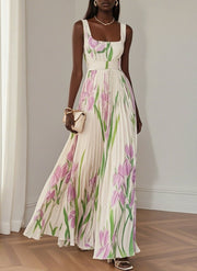 Marie | White Pleated Floral Chiffon Maxi Dress