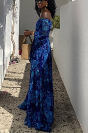 Francesca - Long dress with floral print and off-the-shoulder sleeves