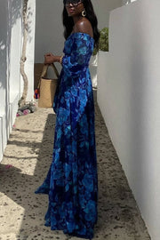 Franceska - Long dress with floral pattern and off-the-shoulder sleeves