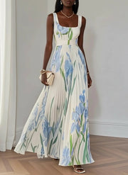 Marie | White Pleated Floral Chiffon Maxi Dress