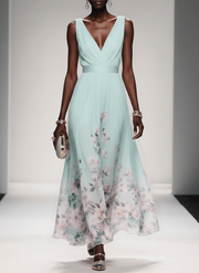 Rose | Light Blue Floral Chiffon V-Neck Maxi Dress