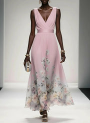 Rose | Light Blue Floral Chiffon V-Neck Maxi Dress