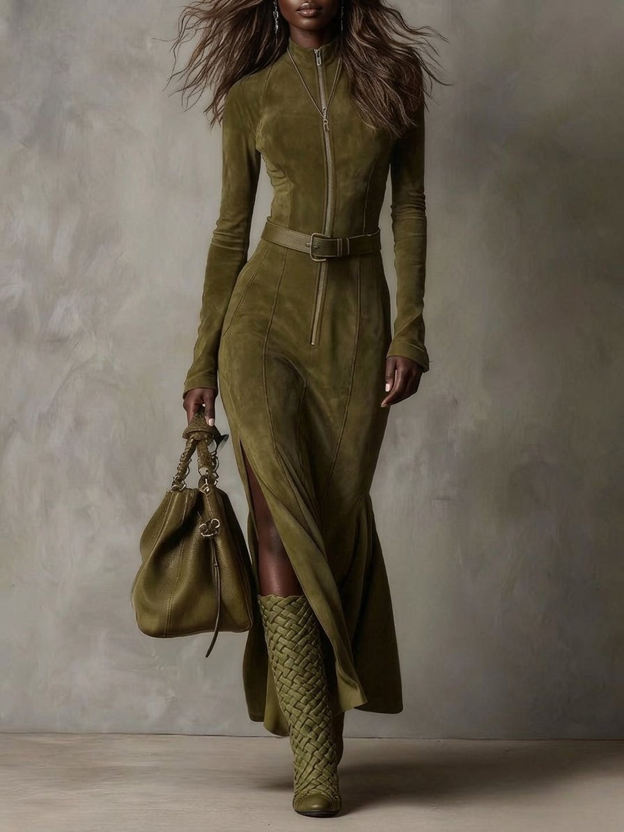 Evelynn | Suede dress with belt and zipper