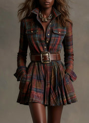 Vintaje Red and Brown Checked Mini Dress (Includes Belt)
