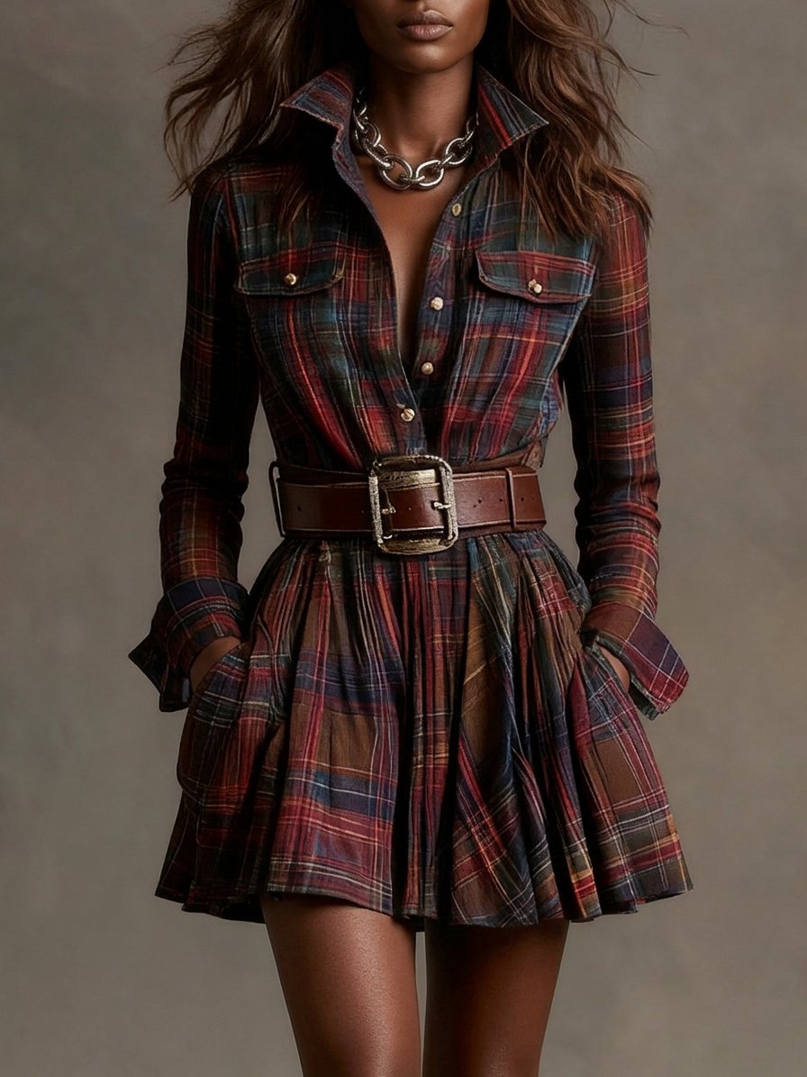 Vintaje Red and Brown Checked Mini Dress (Includes belt)
