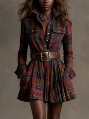 Vintaje Red and Brown Checked Mini Dress (Includes belt)
