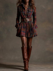 Vintaje Red and Brown Checked Mini Dress (Includes belt)