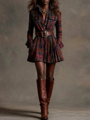 Vintaje Red and Brown Checked Mini Dress (Includes belt)