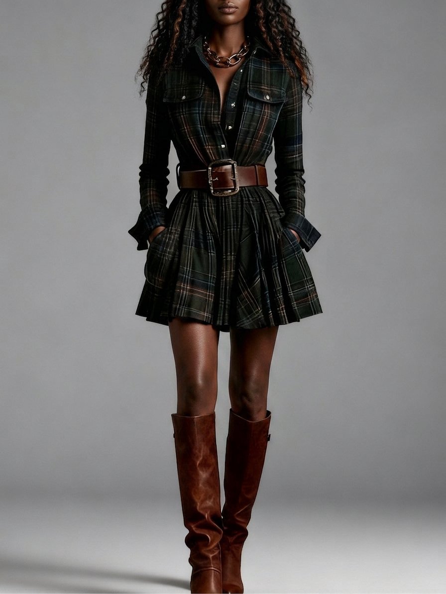 Vintaje Red and Brown Checked Mini Dress (Includes belt)