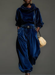 Vintaje brown velvet hoodie and loose pants set (Includes belt)