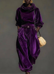 Vintaje brown velvet hoodie and loose pants set (Includes belt)
