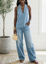 Ivy | Vintage Washed Soft Denim-Look Two-Piece Set
