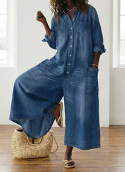 Diana | Vintage Washed Soft Cotton Denim Jumpsuit with Button Closure