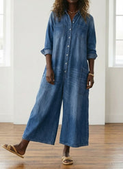 Diana | Vintage Washed Soft Cotton Denim Jumpsuit with Button Closure