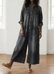Diana | Vintage Washed Soft Cotton Denim Jumpsuit with Button Closure
